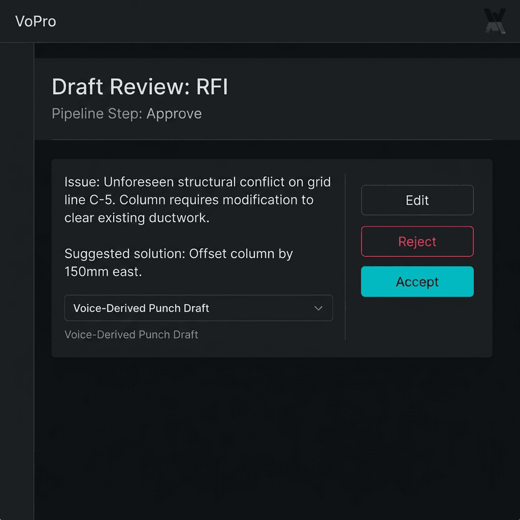 Approve: Human-in-the-loop draft review, then the record is live.