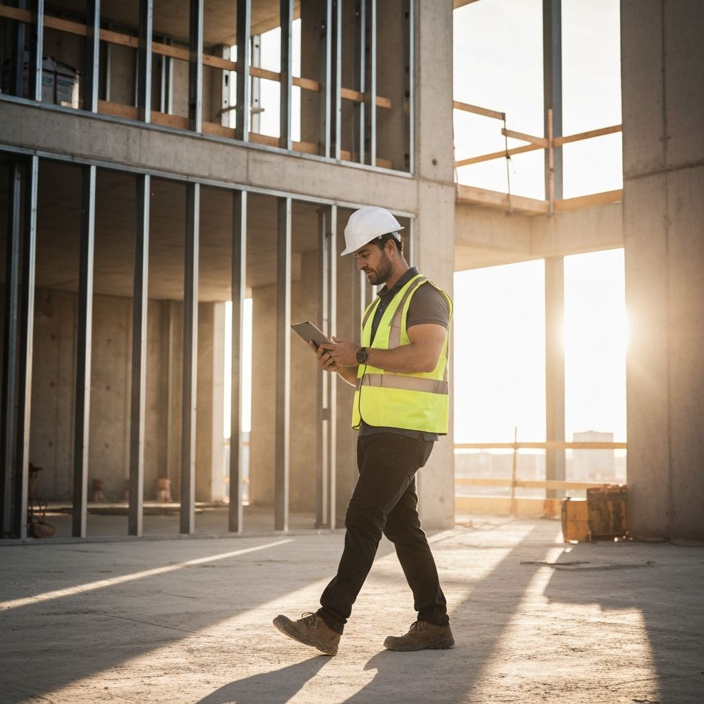 Construction worker using tablet on active building site